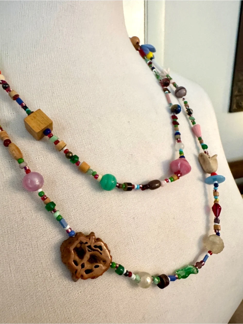 Vintage Artisan Collector Bead Necklace Handblown Glass Wood Clay Carved Bird Ex